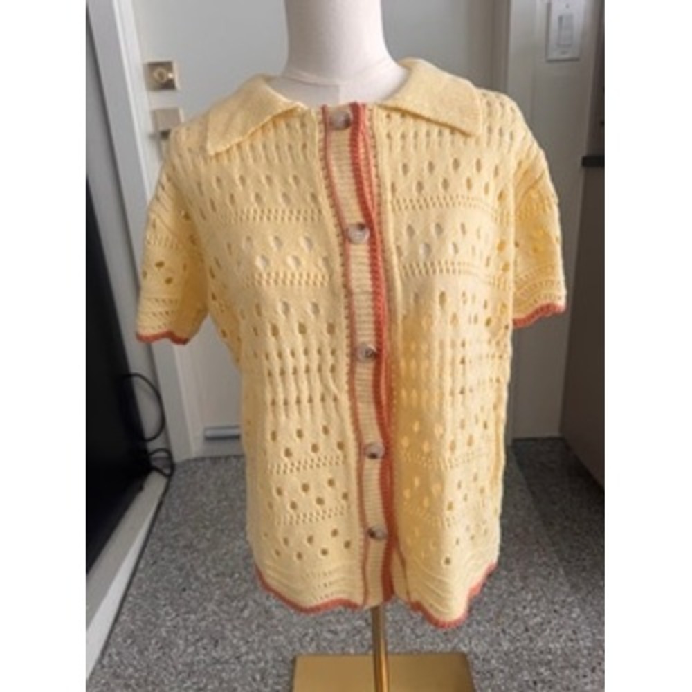 Vintage Style Yellow Pointelle Knit Short Sleeve Cardigan Scallop Trim Orange S